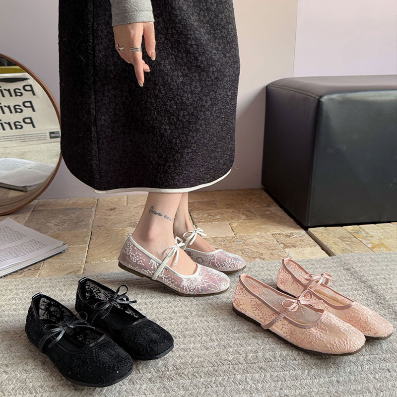 Women'S Shoes Round Toe - รองเท้าบัลเล่ต์แบบสวมสำหรับผู้หญิง รุ่นใหม่ปี 2026 ผ้าตาข่ายโปร่งลายปัก ระบายอากาศได้ดี พื้นรองเท้าแบบเรียบ