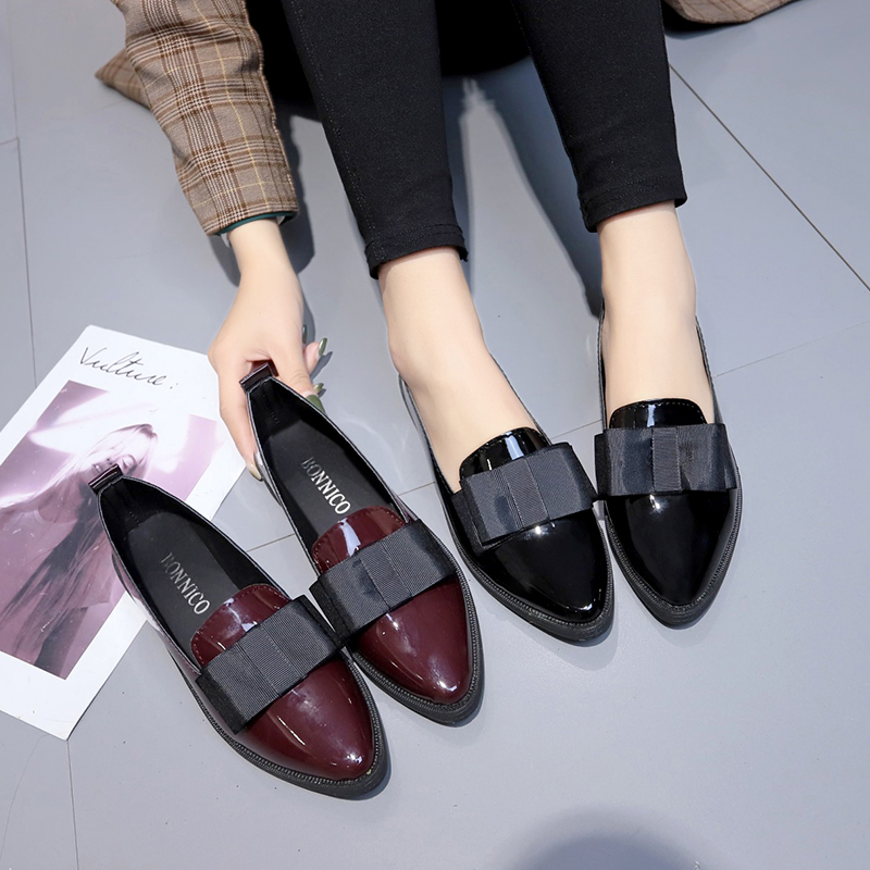 Women'S Shoes Loafers Black - รองเท้าส้นเตี้ยหนังแก้วสีดำ/สีแดงไวน์ ปลายแหลม แบบสวม ประดับโบว์ รองเท้าลำลองอเนกประสงค์สำหรับใส่ในชีวิตประจำวันและธุรกิจ