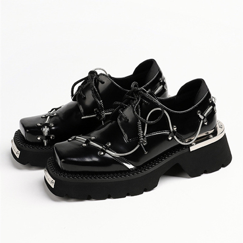 Women'S Shoes Loafers Black - รองเท้าส้นหนาประดับโซ่โลหะหรูหราสำหรับผู้หญิง รองเท้าหนังแก้วคุณภาพสูงสีดำแบบผูกเชือก สไตล์พังก์ รองเท้าสำหรับฤดูใบไม้ร่วง