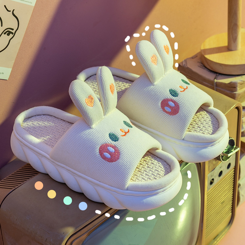 Women'S Shoes For Flat Feet - บ้านรองเท้าแตะผ้าลินินสําหรับผู้หญิงน่ารักกระต่ายเมฆ Flip Flops หญิงออกแบบรองเท้าสบายสไลด์โฟร์ซีซั่นแพลตฟอร์มคู่รองเท้าแตะ