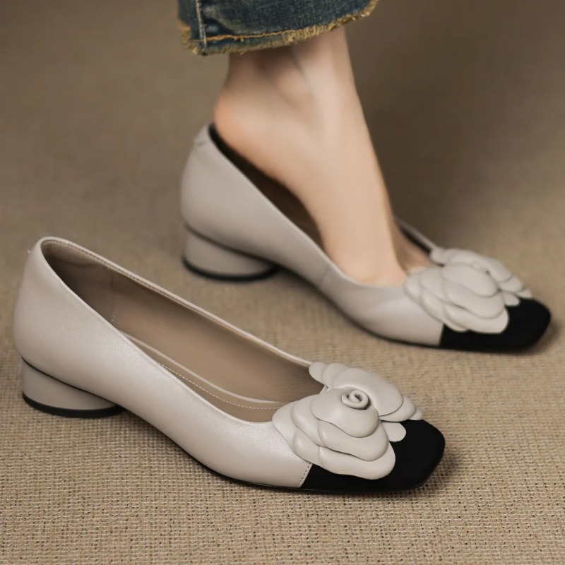 Women'S Shoes Round Toe - รองเท้าส้นสูงแบบสวมสำหรับผู้หญิงไซส์ใหญ่ 34-41 ผลิตจากหนังแกะผสมสี ตกแต่งลายดอกไม้ สไตล์ OL