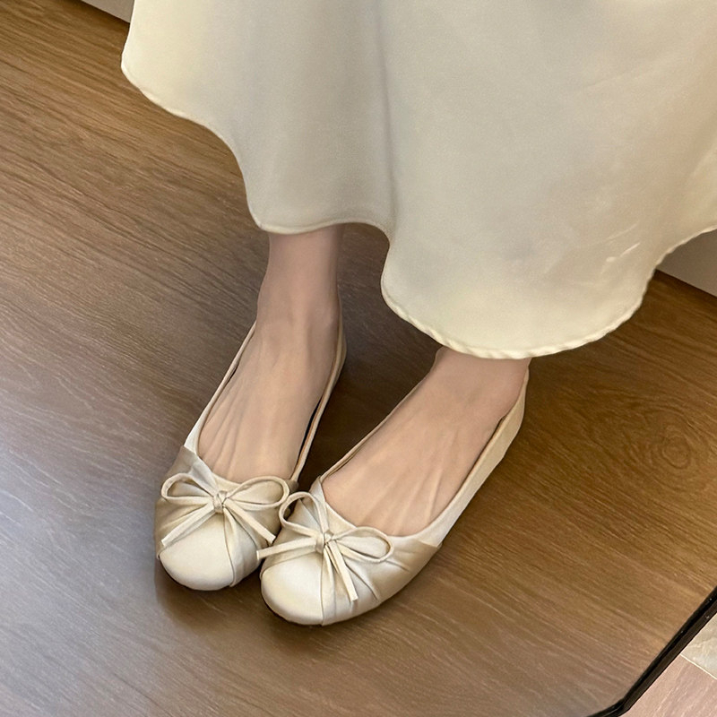 Women'S Shoes Round Toe - รองเท้าส้นเตี้ยแบบสวมสไตล์หวานสำหรับผู้หญิง รุ่นโบว์ผูกใหม่ ปี 2026 ทำจากผ้าซาติน