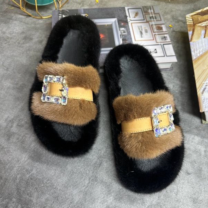 Women Shoes Mules - รองเท้าแตะขนมิงค์แท้สำหรับผู้หญิง รองเท้าสไลด์พื้นหนาสำหรับผู้ใหญ่ รองเท้าแตะแบบสวมสำหรับผู้หญิง รองเท้าสไลด์พื้นหนา รองเท้าแตะผู้หญิง ฤดูร้อน