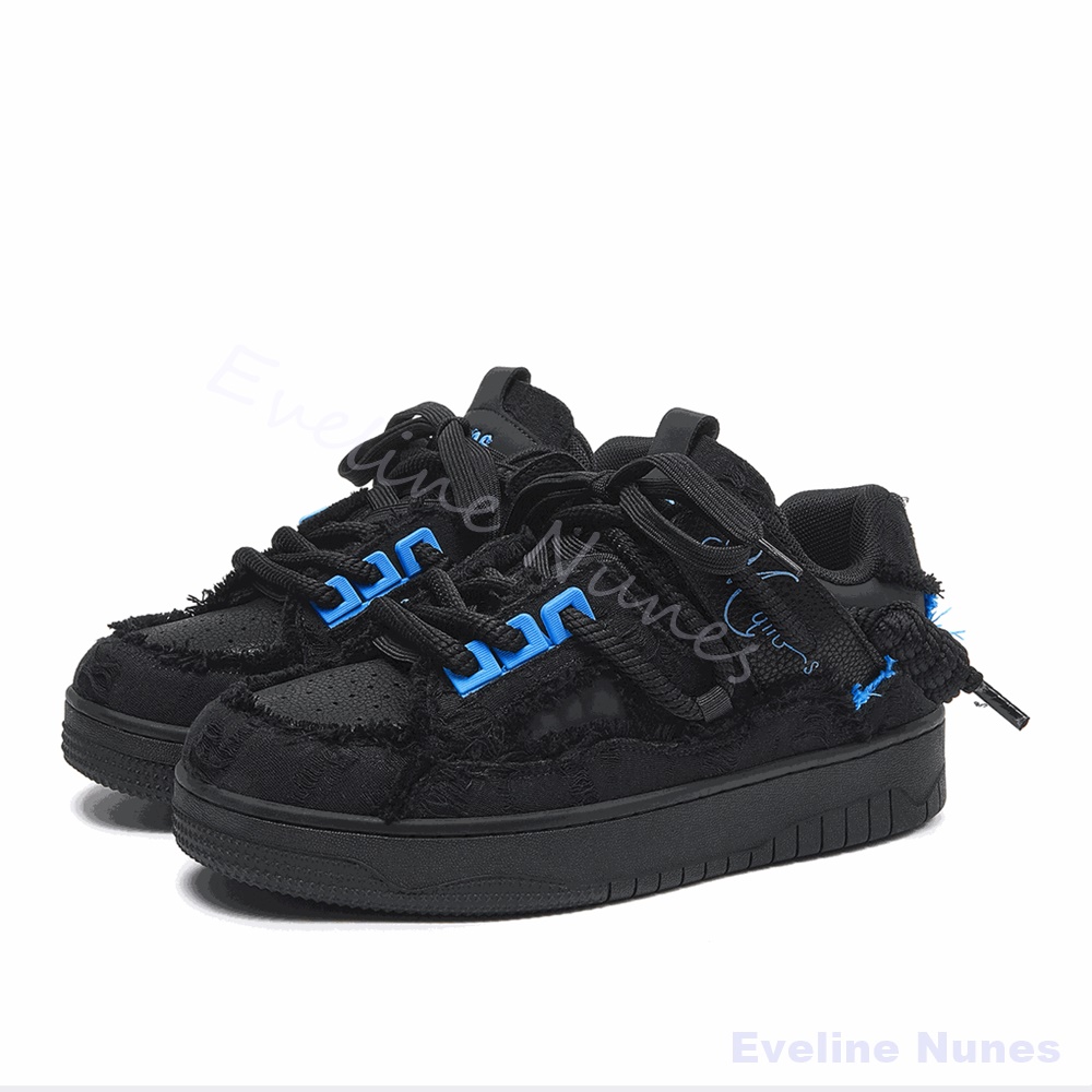 Women'S Shoes Trendy - รองเท้าสเก็ตพื้นหนาสีดำขอบรุ่ย แต่งลายปักสีน้ำเงิน สำหรับผู้ชายและผู้หญิง รองเท้าหุ้มข้อต่ำ สไตล์สตรีท ฮิปฮอป