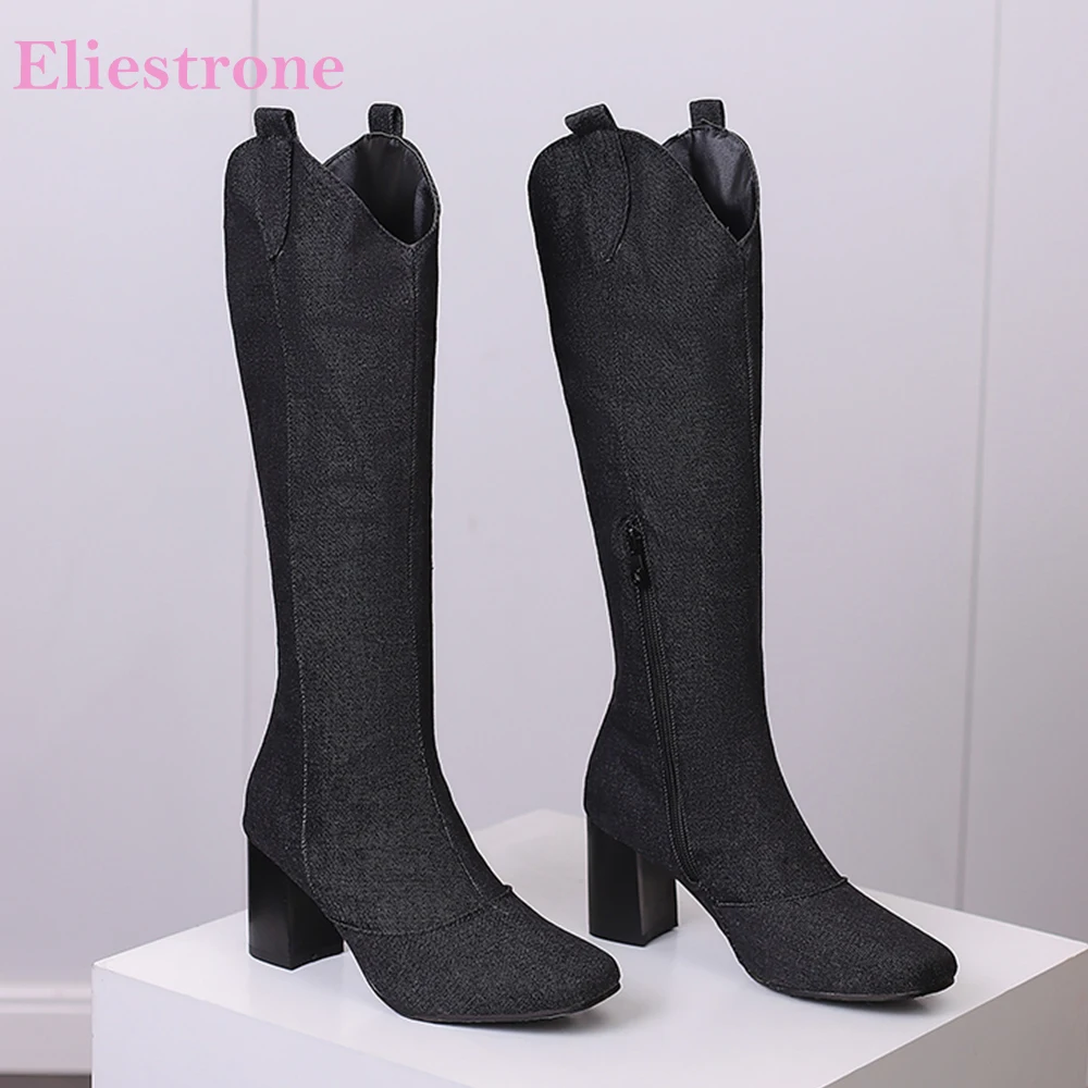 Women'S Shoes Size 12 - ฤดูหนาวใหม่สีดําสีฟ้าผู้หญิงเข่าสูงรองเท้าขี่ร้อนรอบ Toe รองเท้าส้นสูง Lady Casual รองเท้าขนาดใหญ่ขนาด