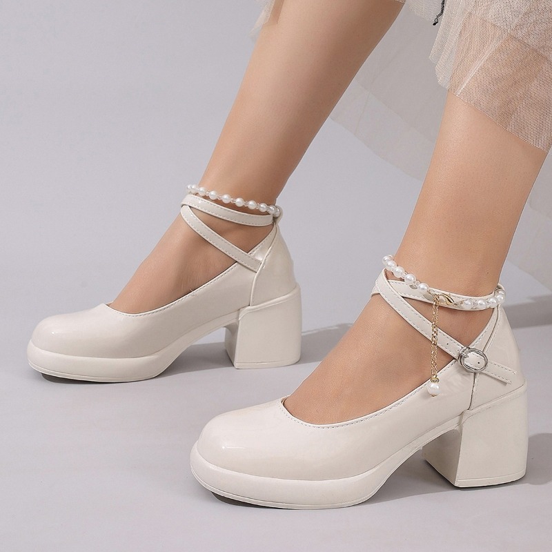 Women'S Shoes Round Toe - รองเท้าส้นสูงแบบสวมสำหรับผู้หญิง แฟชั่นสายไขว้ สไตล์แมรี่เจน ดีไซน์เรียบหรู ส้นสูง พื้นหนา