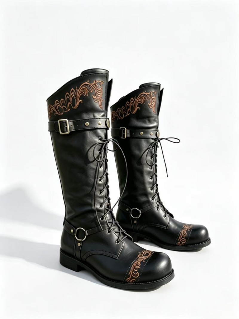Women'S Shoes Easy Street - รองเท้าบูทผู้หญิงแบบยาวถึงเข่า สำหรับฤดูใบไม้ร่วงและฤดูหนาว พร้อมเชือกผูกและลายปักสุดเซ็กซี่ วัสดุ PU สไตล์เรโทร