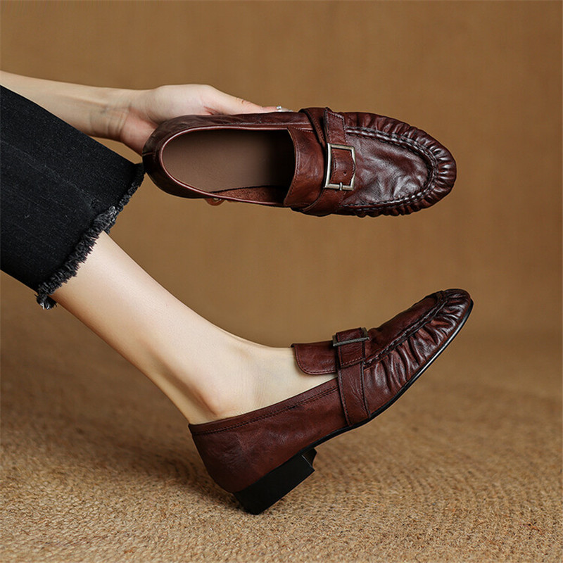 Women'S Shoes Round Toe - รองเท้าส้นเตี้ยสำหรับผู้หญิง, ใหม่ฤดูใบไม้ร่วงรองเท้าหนังแท้สตรีรองเท้าบูทหุ้มข้อจีบรอบส้นหนารองเท้าโลฟเฟอร์ผู้หญิง