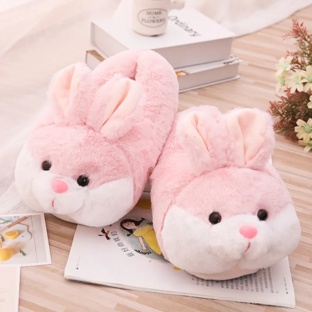 Women Shoes Winter - รองเท้าแตะขนสัตว์สำหรับผู้หญิง สไตล์ลำลอง น่ารัก ดีไซน์กระต่าย 3 มิติ