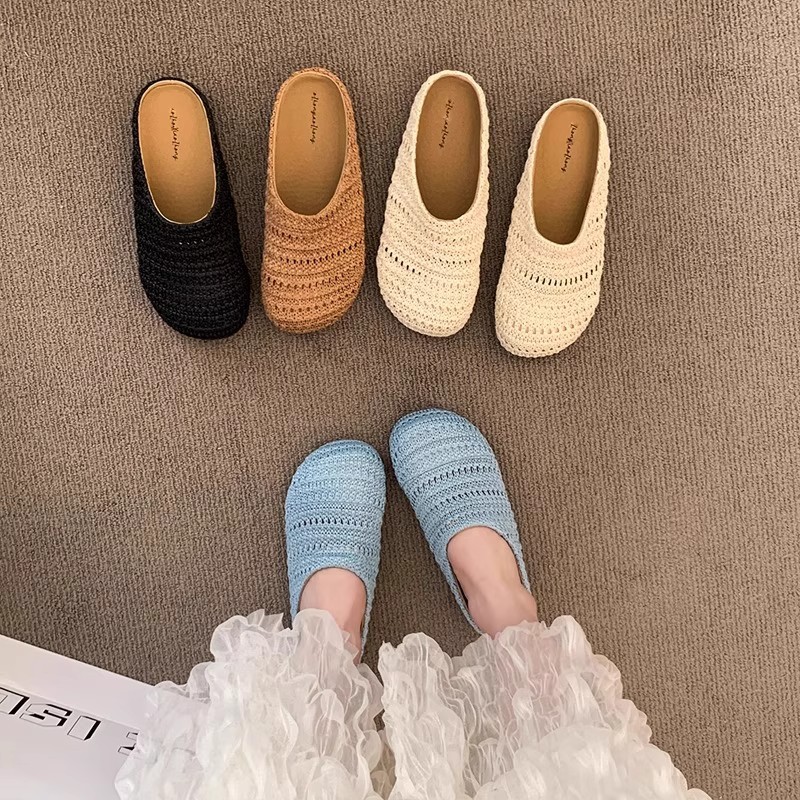 Women Shoes Mules - รองเท้าแตะสานราฟเฟียสำหรับผู้หญิง รองเท้าสวมแบบสวมเปิดส้น ระบายอากาศได้ดี เหมาะสำหรับฤดูร้อน รองเท้าลำลองแบบสวม พื้นเรียบ