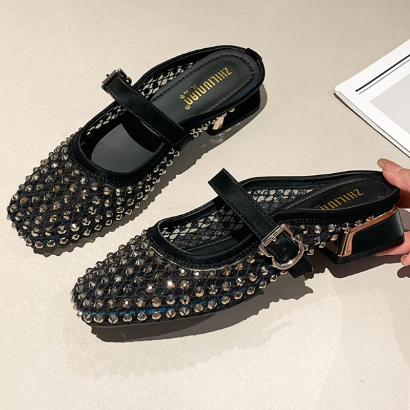 Women Shoes Mules - รองเท้าแตะส้นหนาประดับเพชรตาข่าย ระบายอากาศดี แฟชั่นฤดูร้อน รองเท้าสไลด์หัวเหลี่ยมสำหรับผู้หญิง