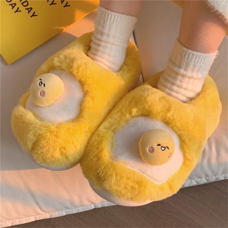 Women Shoes Winter - รองเท้าแตะรูปไข่ดาวน่ารักแบบใหม่สำหรับผู้หญิง รองเท้าใส่ในบ้านบุขนนุ่มลายไข่ดาว รองเท้าสวมแบบสลิปออนสำหรับผู้หญิง