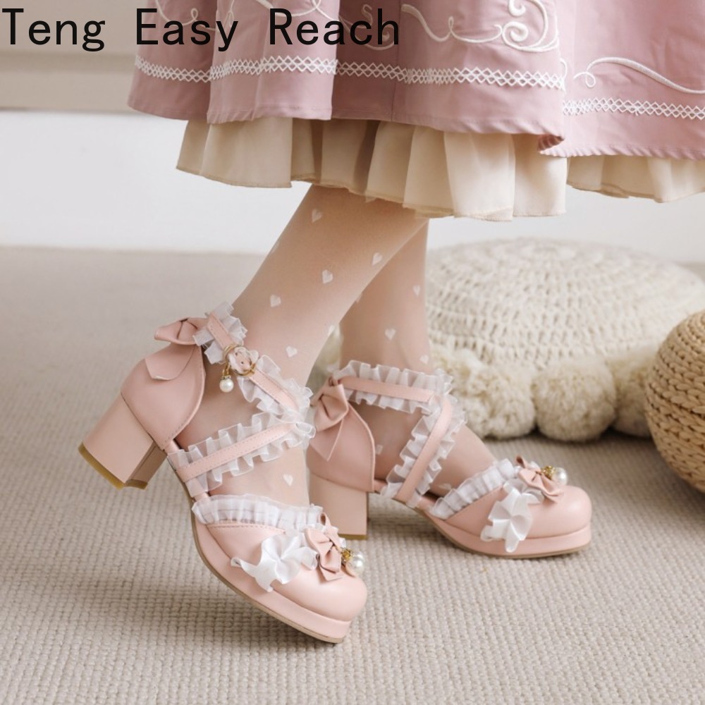Women'S Shoes Easy Street - รองเท้าส้นเตี้ยผู้หญิงสไตล์แมรี่เจน โลลิต้า ประดับลูกไม้หรูหรา สีขาวชมพู รองเท้าส้นสูงสำหรับงานปาร์ตี้ งานแต่งงาน