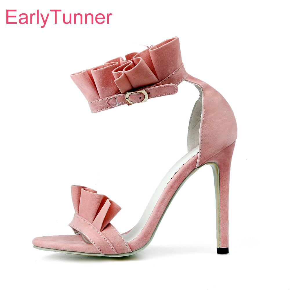 Women'S Shoes Size 12 - รองเท้าส้นสูงแฟชั่นสีชมพูสำหรับฤดูร้อน ประดับระบาย ปลายมน ส้นบาง เหมาะสำหรับงานปาร์ตี้ มีไซส์ใหญ่พิเศษ