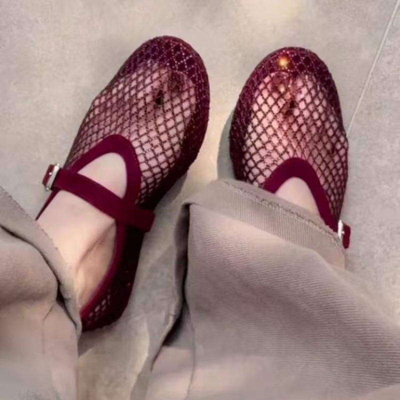 Women'S Shoes Round Toe - รองเท้าแตะแบบสวมประดับเพชรทรงกลวงสำหรับผู้หญิง รุ่นใหม่ปี 2026 ระบายอากาศได้ดี ดีไซน์ตาข่ายแบบถัก สไตล์แมรี่เจน