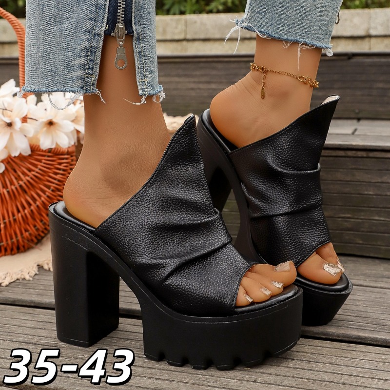 Women Shoes Mules - รองเท้าส้นตึกแบบหนา กันน้ำ ส้นสูงพิเศษ ปิดนิ้วเท้า ทำจาก PU