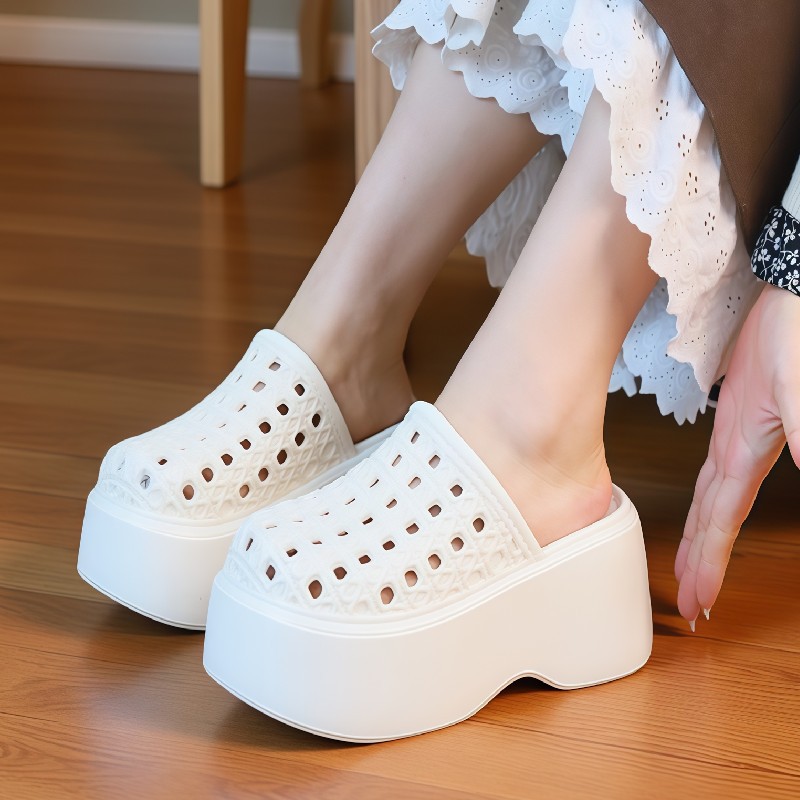 Women Shoes Size Chart - รองเท้าแตะส้นหนา 7 ซม. แบบมีรูระบายอากาศสำหรับผู้หญิง เพิ่มความสูง สไตล์มูลส์