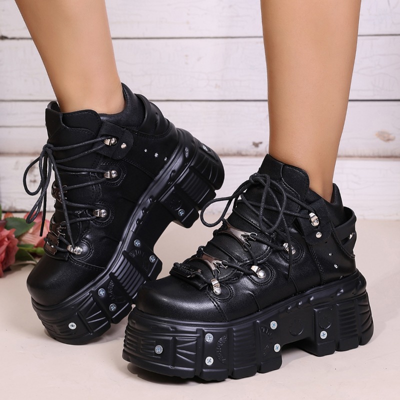 Women Shoes Size Chart - รองเท้าผู้หญิงสไตล์พังก์แบบผูกเชือก ส้นสูง 6 ซม. รองเท้าพื้นหนาแบบโกธิค รองเท้าบูทหุ้มข้อแบบร็อค