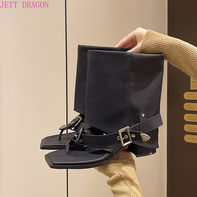 Women'S Shoes Easy Street - รองเท้าบูทแบบสวมเปิดนิ้วเท้าสำหรับผู้หญิง รองเท้าส้นเตี้ยแบบโรมัน รองเท้าสไตล์โกธิค รองเท้าหุ้มข้อสูง สีดำ สำหรับสาวๆ