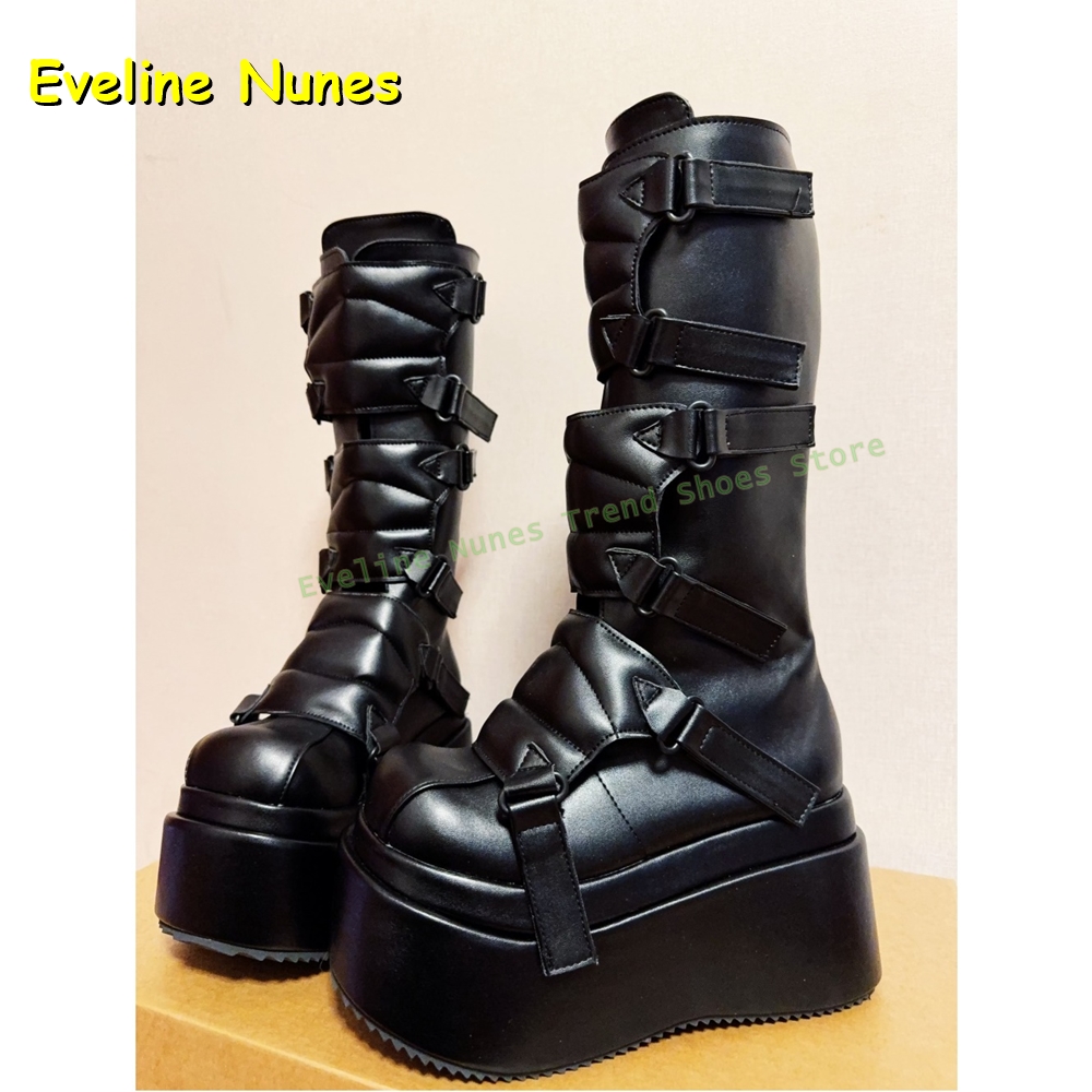 Women Shoes Size Chart - หัวเข็มขัดสีดํา Cyberpunk Y2K เข่ารองเท้าบูทสูง Big Round