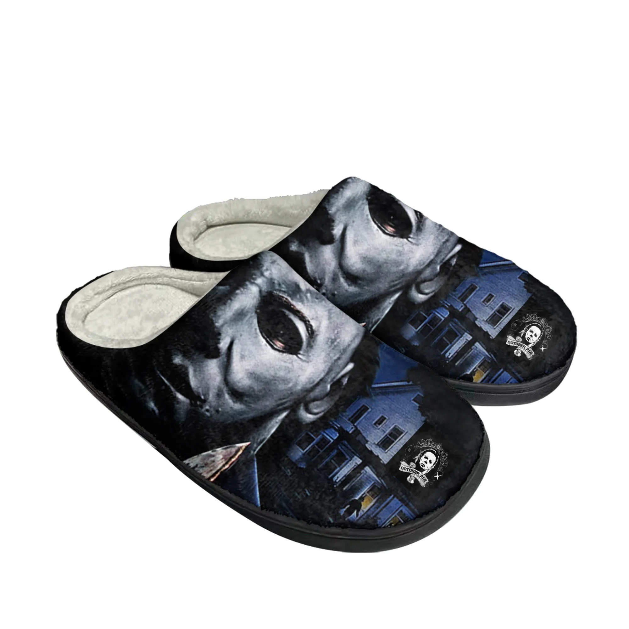 Women Shoes Myer - รองเท้าแตะผ้าฝ้ายลายสยองขวัญสำหรับฮาโลวีน ไมเคิล ไมเยอร์ส รองเท้าแตะลำลองบุขนสำหรับผู้ชายและผู้หญิง รองเท้ากันหนาว