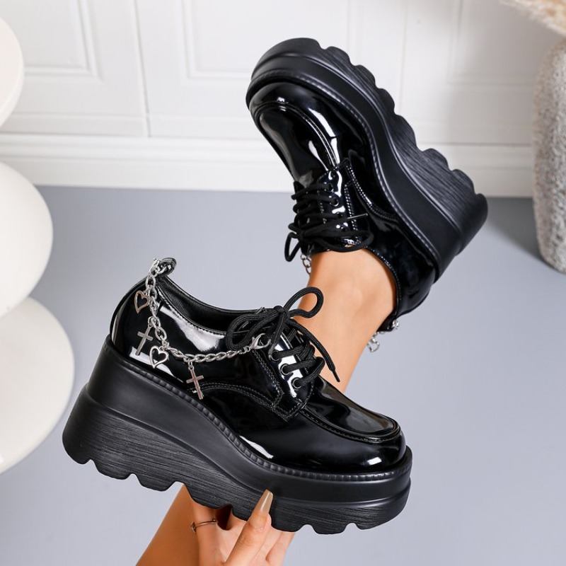 Women'S Shoes Loafers Black - รองเท้าหนังสีดำเงาแบบผูกเชือกสำหรับผู้หญิง, รองเท้าส้นสูงเสริมความสูง, สไตล์นักศึกษาสำหรับการเดินทางในชีวิตประจำวัน