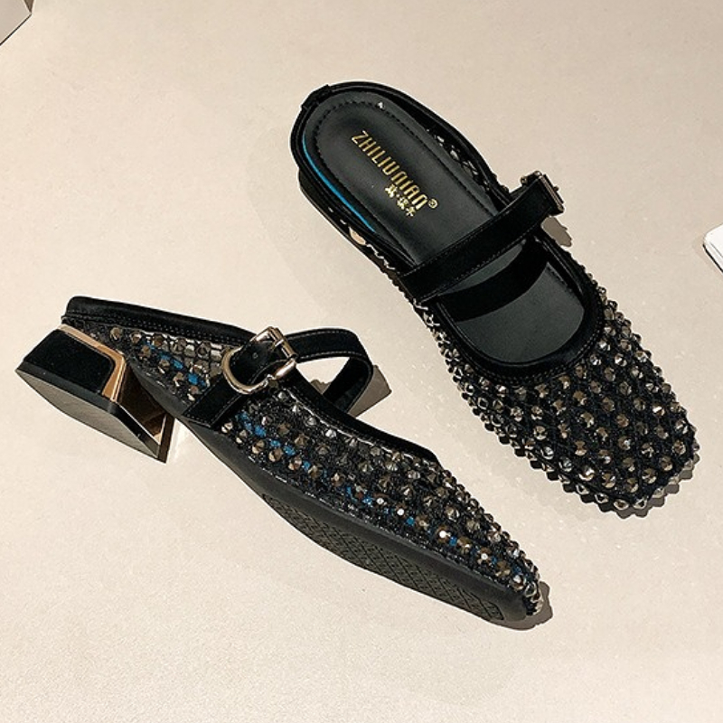 รองเท้าแตะส้นหนาประดับเพชรตาข่ - Women Shoes Mules บทวิจารณ์และราคา