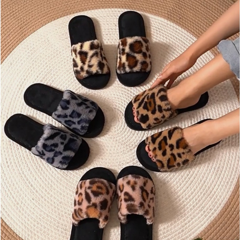 รองเท้าแตะขนเฟอร์ลายเสือดาวสำห - Women Shoes Winter บทวิจารณ์และราคา